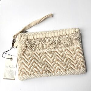 Indaba Bohemian 100% Cotton Natural Woven Jute Fringe Neutral Wristlet Clutch